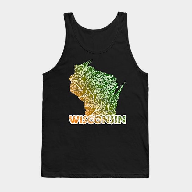 Colorful mandala art map of Wisconsin with text in green and orange Tank Top by Happy Citizen